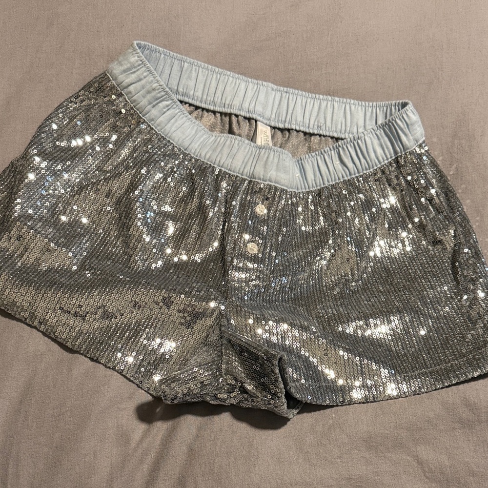 wild fable silver sequin shorts with light blue elastic waist